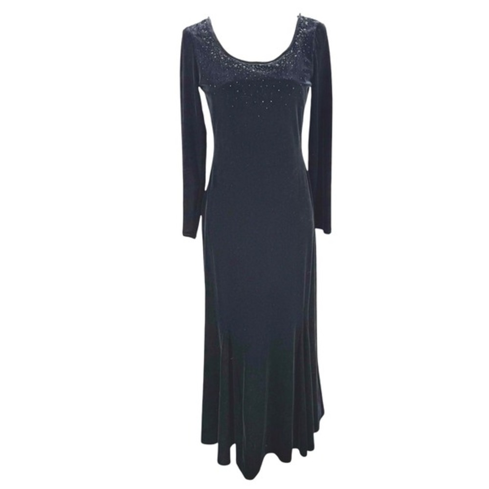 Vintage Y2K Black Stretch Velvet Maxi Dress Size 6P Beaded Whimsigoth‎ Witchy
